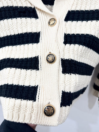 Maeve striped knit sweater featuring cropped silhouette, classic button-front closure, top XS / bottom S