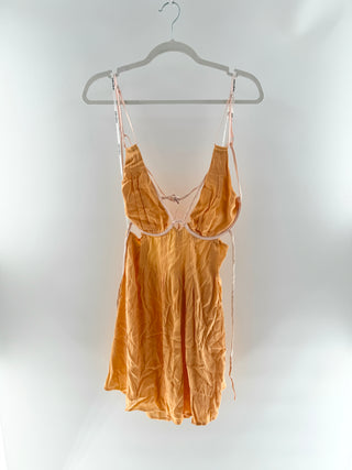 For Love & Lemons Satin mini dress with underwire cups, contrast pink straps with lace up straps, L