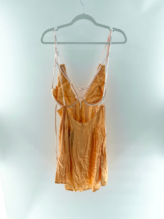 For Love & Lemons Satin mini dress with underwire cups, contrast pink straps with lace up straps, L