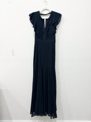 BCBGmaxazria Charisa Eyelet Flutter Sleeve V-Neck Maxi Dress Black Womens Size 4