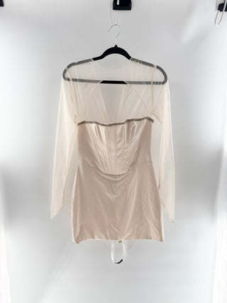 Mistress Rocks Satin mini dress with crystal trimmed corset bodice & sheer long sleeve overlay, M