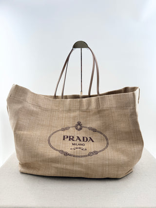 Prada raffia extra large beach tote bag with leather handles