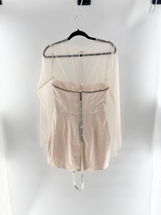 Mistress Rocks Satin mini dress with crystal trimmed corset bodice & sheer long sleeve overlay, M