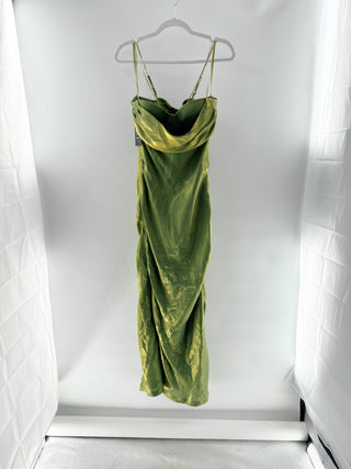 JLUXLABEL Metallic draped maxi dress with thin chain straps & cowl neckline, s