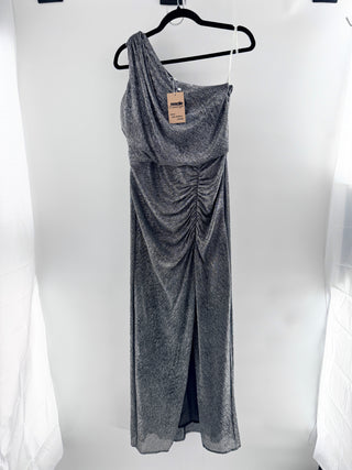 Halston Metallic Asymmetric One Shoulder Long Maxi Dress Silver Women's Size 12