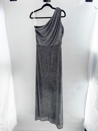 Halston Metallic Asymmetric One Shoulder Long Maxi Dress Silver Women's Size 12