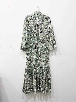 Isabel Riera Leaf Print Flowy Long-Sleeve Maxi Shirt Dress Green White Medium