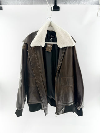 Meotine Lamb leather jacket with shearling collar, oversized patch pockets & zip front, S/M