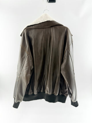 Meotine Lamb leather jacket with shearling collar, oversized patch pockets & zip front, S/M