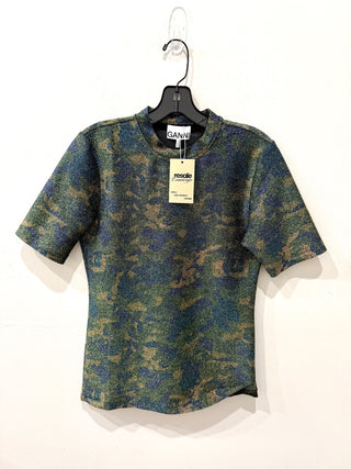 Ganni camo lurex metallic tee top, 38