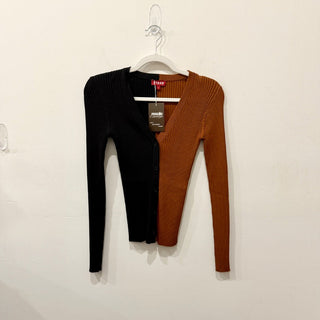 Staud Cargo Colorblock Long Sleeve Ribbed Knit Cardigan Sweater Black/Brown S