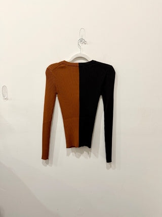 Staud Cargo Colorblock Long Sleeve Ribbed Knit Cardigan Sweater Black/Brown S