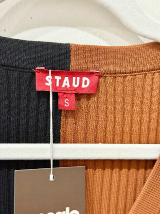 Staud Cargo Colorblock Long Sleeve Ribbed Knit Cardigan Sweater Black/Brown S