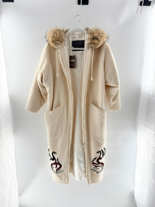 Northern Sun Wool parka with fur trimmed hood, front pockets & embroidered bird detailing, 10