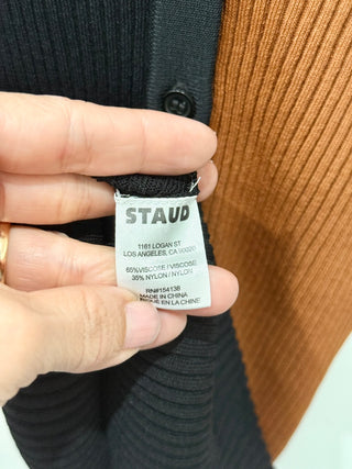 Staud Cargo Colorblock Long Sleeve Ribbed Knit Cardigan Sweater Black/Brown S