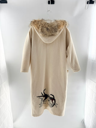 Northern Sun Wool parka with fur trimmed hood, front pockets & embroidered bird detailing, 10