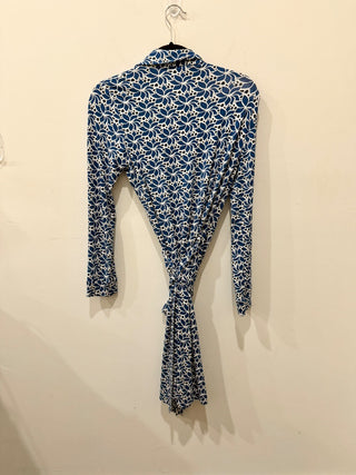 Diane von Furstenberg Floral Surplice V-Neck Wrap Midi Dress Blue/White Womens 8