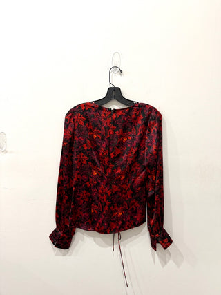 Cinq A Sept Satin Ezrah Keyhole Floral-Print Ruched Silk Blouse Red Womens Sze S