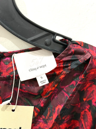 Cinq A Sept Satin Ezrah Keyhole Floral-Print Ruched Silk Blouse Red Womens Sze S