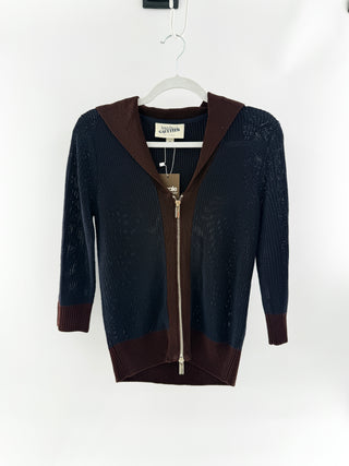 Jean Paul Gaultier for Target Open knit zip front cardigan with brown contrast sailor collar, cuffs & hem, M