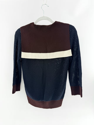 Jean Paul Gaultier for Target Open knit zip front cardigan with brown contrast sailor collar, cuffs & hem, M