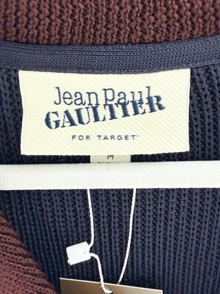 Jean Paul Gaultier for Target Open knit zip front cardigan with brown contrast sailor collar, cuffs & hem, M
