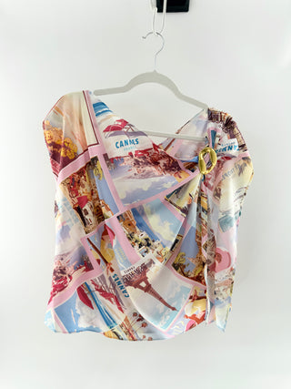 L'Agence Multicolor postcard print, asymmetric draping & gold tone buckle detail, s