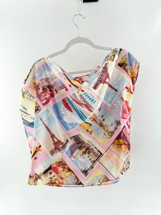 L'Agence Multicolor postcard print, asymmetric draping & gold tone buckle detail, s
