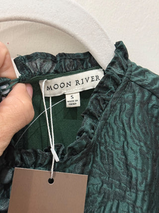 NWT Moon River Textured Ruffle Neck Puff Sleeve Babydoll Minidress Emerald Small