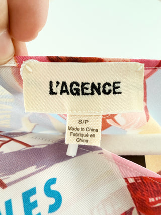 L'Agence Multicolor postcard print, asymmetric draping & gold tone buckle detail, s