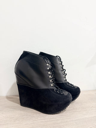 VTG YSL Yves Saint Laurent Ariane Lace Up Platform Wedge Booties Black EU 40