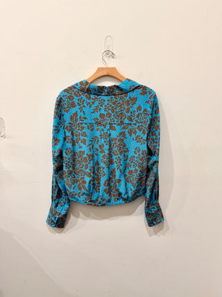 Diane von Furstenberg Floral Callow Collared Crossover Silk Blouse Blue/Orange 6