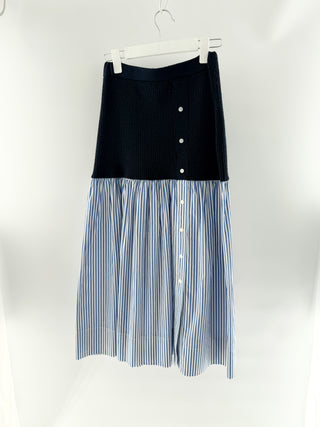 Staud Ribbed knit midi skirt with blue & white striped cotton poplin panel & buttons, s