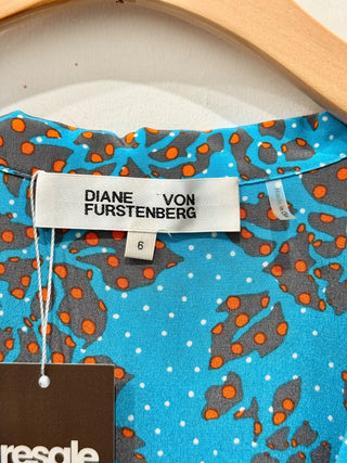 Diane von Furstenberg Floral Callow Collared Crossover Silk Blouse Blue/Orange 6