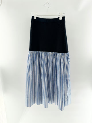 Staud Ribbed knit midi skirt with blue & white striped cotton poplin panel & buttons, s