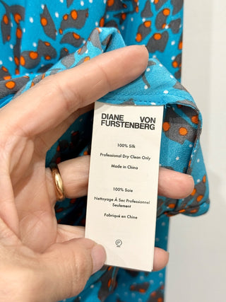 Diane von Furstenberg Floral Callow Collared Crossover Silk Blouse Blue/Orange 6