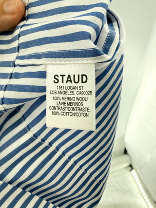 Staud Ribbed knit midi skirt with blue & white striped cotton poplin panel & buttons, s
