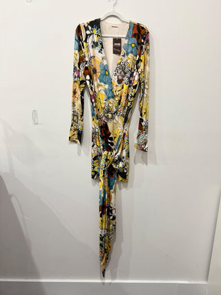 Alexis pattern V neck wrap tie midi dress, M