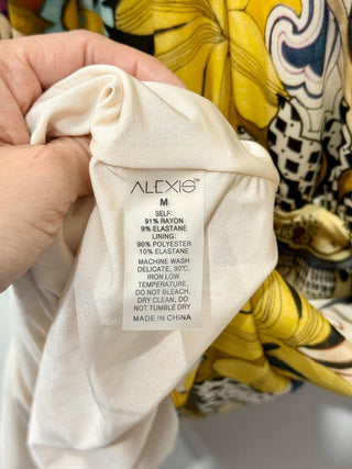 Alexis pattern V neck wrap tie midi dress, M