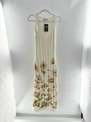 Cara Cara Crotchet midi dress with floral print, textured wave3 knit & scalloped trim, xs