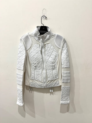 Blanc Noir Quilted Leather & Mesh Full Zip Moto Jacket White Women's Size Small