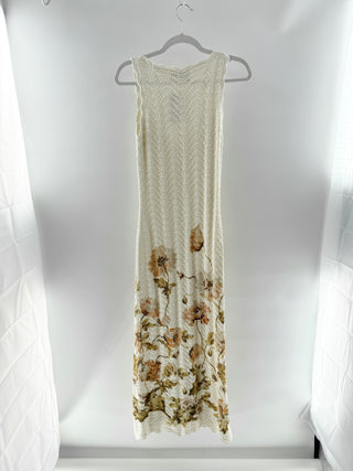 Cara Cara Crotchet midi dress with floral print, textured wave3 knit & scalloped trim, xs