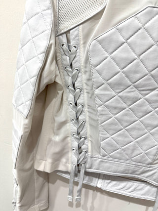 Blanc Noir Quilted Leather & Mesh Full Zip Moto Jacket White Women's Size Small