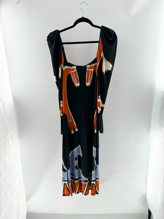 Johanna Ortiz Printed midi dress with square neckline, puff sleeves & fitted silhouette, 6