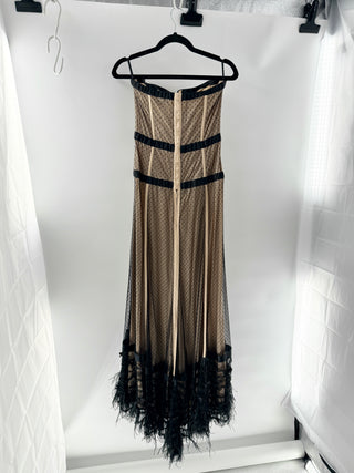 La perla Polkadot tulle corset maxi with underwire cups contrast banding & ruffled hem, 42