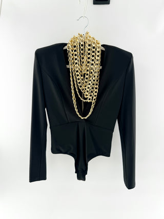 ZHIVAGO Long sleeve bodysuit with plunging neckline & oversized gold chain neckline detailing, 6