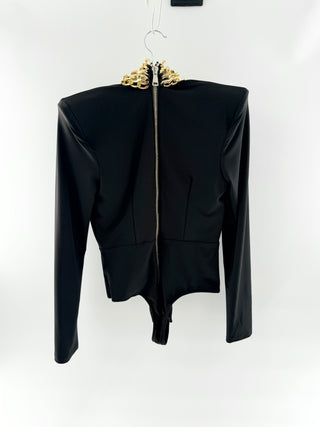 ZHIVAGO Long sleeve bodysuit with plunging neckline & oversized gold chain neckline detailing, 6