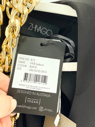 ZHIVAGO Long sleeve bodysuit with plunging neckline & oversized gold chain neckline detailing, 6