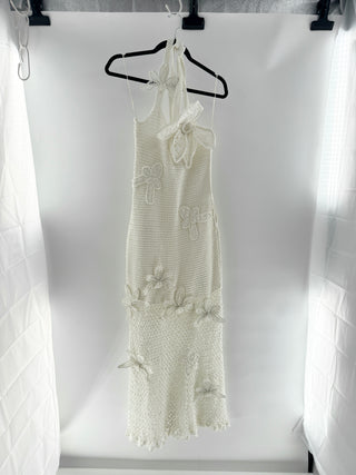 Oscar de la Renta Crochet maxi dress with halter neckline & oversized floral floral appliques, M
