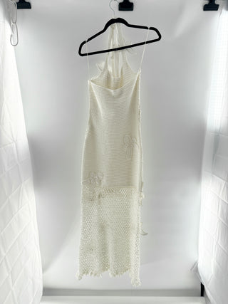Oscar de la Renta Crochet maxi dress with halter neckline & oversized floral floral appliques, M